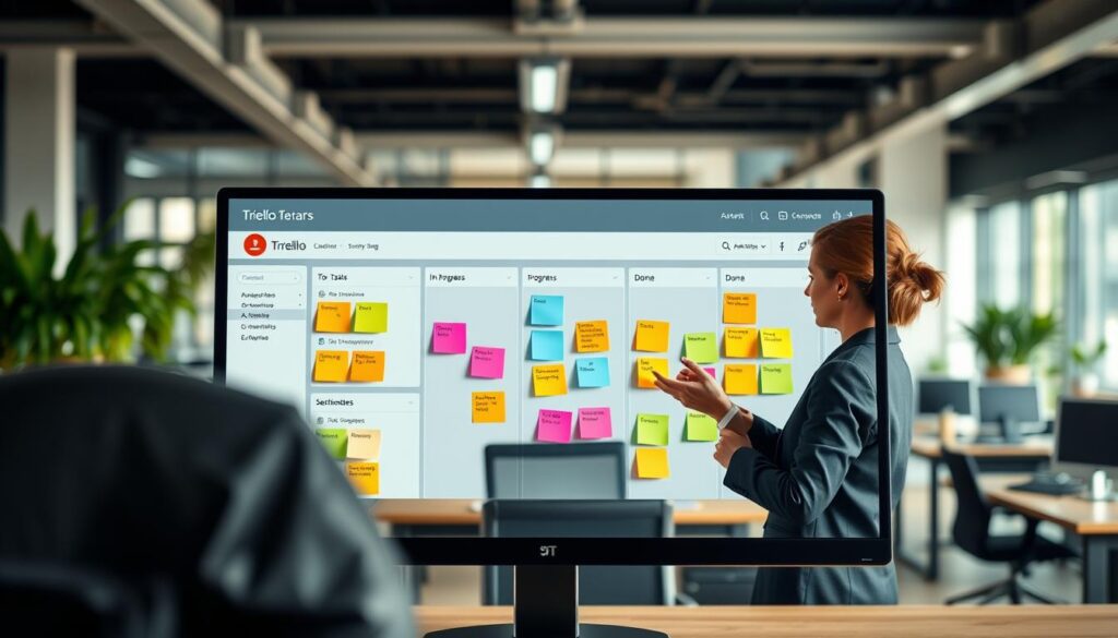 A modern office environment showcasing a digital Trello Kanban board on a sleek computer screen. In the foreground, a professional woman in business attire is interacting with the board, analyzing tasks and priorities on vibrant sticky notes. The middle layer features a clear view of the Kanban board filled with colorful cards organized in three columns: "To Do," "In Progress," and "Done," all set against a blurred background of a stylish workspace with potted plants and organized desks. Soft, natural lighting flows in from large windows, creating a warm and productive atmosphere. The scene conveys a sense of focus and collaboration, highlighting effective visual task management for remote teams.