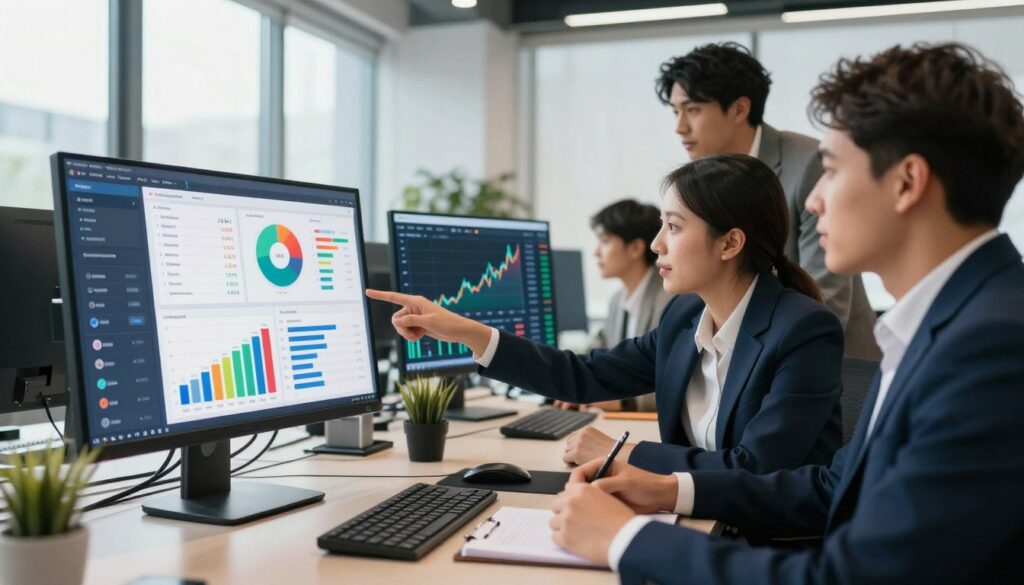 A modern office environment showcasing a digital dashboard on a sleek computer screen, filled with colorful graphs and metrics that illustrate tracking beyond clicks, including revenue and customer retention statistics. In the foreground, a diverse group of professionals in business attire is engaged in discussion, analyzing data on the screen with focused expressions; one is pointing to a chart while another takes notes. The middle ground features an additional monitor displaying fluctuating financial data, symbolizing growth and analytics. The background contains large windows with natural light streaming in, illuminating the space and creating a vibrant atmosphere. The scene conveys a sense of collaboration, innovation, and professionalism, emphasizing the importance of in-depth analytics in successful SaaS affiliate programs.