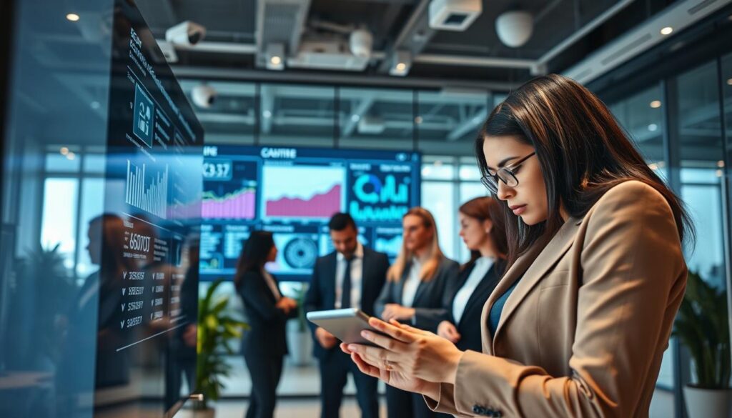A modern office environment, showcasing a diverse group of professionals in business attire focused on a large digital screen displaying security analytics and compliance data. Foreground features a close-up of a confident woman analyzing data on a tablet, with a concerned expression. In the middle ground, colleagues are engaged in discussion, surrounded by high-tech security devices like cameras and access control systems. The background displays glass partitions and plants, creating an airy atmosphere. Soft, diffused lighting highlights the teamwork while casting gentle shadows to add depth. The overall mood conveys diligence and vigilance in the context of security and governance, emphasizing the importance of robust compliance controls in a corporate setting.