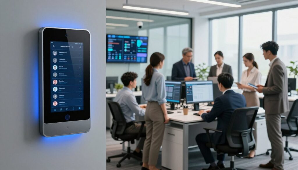 A modern office environment showcasing advanced access control security features. In the foreground, a sleek digital panel displays user permissions and access levels, illuminated by soft, ambient lighting for a professional atmosphere. In the middle ground, a diverse group of employees in professional business attire gathers around a high-tech workstation that emphasizes monitoring and session management tools. The background includes glass walls with security cameras and digital displays showing security analytics, conveying a sense of vigilance and control. Natural light streams in from large windows, creating a balanced contrast with the technology, while ensuring a clean and organized workspace. The mood is focused and collaborative, reflecting the importance of secure access in the workplace.