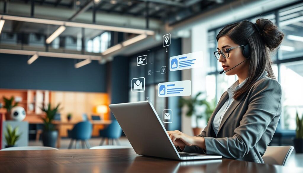 A modern office environment showcasing customer support automation. In the foreground, a professional woman in business attire is focused on her laptop, engaging with a chatbot interface on the screen. The middle features a digital representation of automated ticketing systems, with floating icons for chat, email, and notifications to illustrate seamless interaction. The background presents a sleek, contemporary office space with vibrant colors, large windows letting in natural light, and plants for a fresh atmosphere. Soft lighting highlights the professional ambiance, and a lens perspective captures the scene slightly from above, conveying a sense of innovation and efficiency. The overall mood is dynamic and forward-thinking, emphasizing the role of AI in enhancing customer service operations.