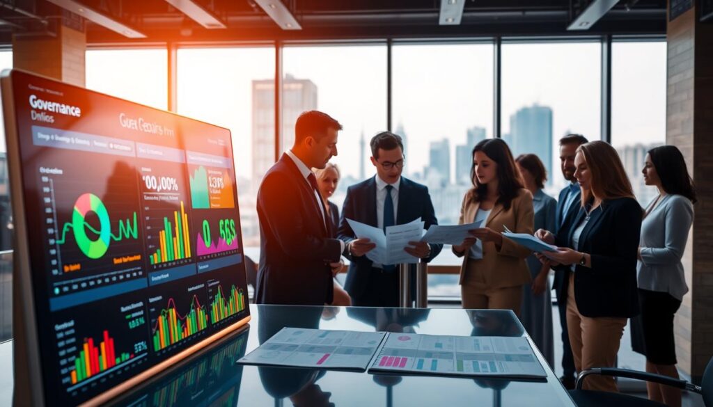A modern office setting illustrating governance data management. In the foreground, a sleek digital dashboard displays colorful graphs and pie charts, showcasing security metrics and compliance statistics, illuminated by soft, ambient lighting. In the middle, a diverse group of professionals, dressed in smart business attire, gather around a table, engaged in discussion while reviewing printed data sheets. The background features large windows allowing natural light to flood in, with cityscape views that suggest innovation and progress. The overall atmosphere is one of collaboration and optimism, emphasizing a forward-thinking approach to governance and security, with a clean, organized aesthetic.