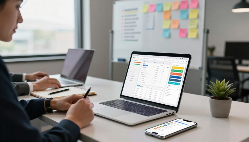 A modern office workspace featuring a sleek desk equipped with various B2B productivity tools. In the foreground, a laptop is open, displaying a vibrant dashboard of productivity software, while a smartphone lies nearby with task management apps visible. To the left, a professional wearing business attire is focused on their work, with a notepad and pen in hand. In the middle ground, a whiteboard is filled with colorful sticky notes and action items, indicating workflow optimization. The background includes large windows letting in natural light, creating an inviting atmosphere. The overall mood is dynamic and organized, symbolizing productivity and collaboration, captured from a slightly elevated angle to emphasize the workspace layout. Soft, ambient lighting enhances the scene.