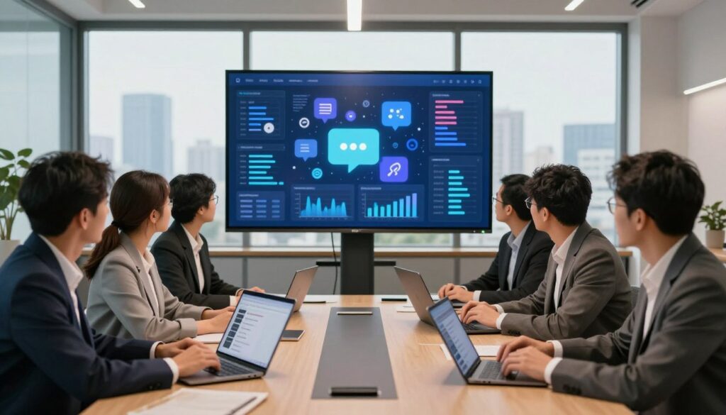 A modern office workspace showcasing unified messaging and collaboration tools. In the foreground, a diverse group of professionals, dressed in smart business attire, are engaged in collaborative discussions around a sleek conference table with laptops and tablets displaying various messaging apps. The middle ground features a large interactive screen displaying a vibrant digital dashboard filled with communication icons and productivity charts. The background includes large windows letting in natural light, revealing a city skyline, enhancing the sense of connectivity. Soft, warm lighting creates an inviting atmosphere, emphasizing teamwork and alignment. The overall mood is energetic and productive, reflecting a dynamic work environment focused on efficient communication and collaboration.