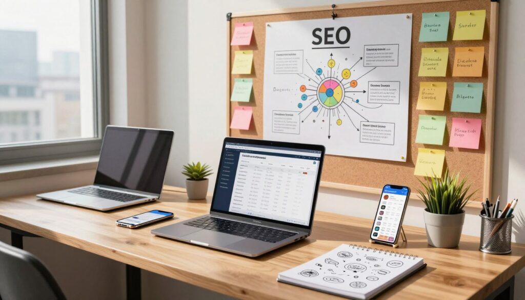 A modern office workspace that embodies the theme of SEO content planning for AI writing tools. In the foreground, a wooden desk is scattered with digital devices, including a laptop displaying SEO analytics and keyword research. A smartphone shows a content calendar. Nearby, a notepad features doodles and ideas for optimized content. In the middle ground, a large bulletin board is covered in colorful sticky notes with SEO strategies and mind maps. The background displays a bright window with city views, allowing natural light to cascade in, creating a warm and productive atmosphere. Capture the workspace from a slightly elevated angle, highlighting the organized chaos of planning. The overall mood is innovative and focused, perfect for bloggers and marketers immersed in strategic content creation. A modern office workspace that embodies the theme of SEO content planning for AI writing tools. In the foreground, a wooden desk is scattered with digital devices, including a laptop displaying SEO analytics and keyword research. A smartphone shows a content calendar. Nearby, a notepad features doodles and ideas for optimized content. In the middle ground, a large bulletin board is covered in colorful sticky notes with SEO strategies and mind maps. The background displays a bright window with city views, allowing natural light to cascade in, creating a warm and productive atmosphere. Capture the workspace from a slightly elevated angle, highlighting the organized chaos of planning. The overall mood is innovative and focused, perfect for bloggers and marketers immersed in strategic content creation.