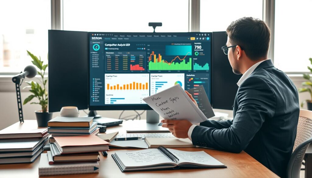 A modern office workspace with a sleek computer displaying a colorful SEO dashboard filled with graphs, charts, and keyword analysis tools. In the foreground, a professional in business attire is intently examining competitor SERP results on the screen, showcasing a sense of focus and determination. The middle ground features a cluttered desk with SEO-related books, notebooks, and a notepad filled with handwritten notes illustrating content gaps. In the background, a large window allows bright, natural light to flood the room, creating an upbeat and productive atmosphere. The overall mood is dynamic and strategic, embodying the essence of competitor and SERP analysis in digital marketing. The image is captured from a slightly elevated angle, emphasizing the workspace's organization and the professional's engagement with the tools.