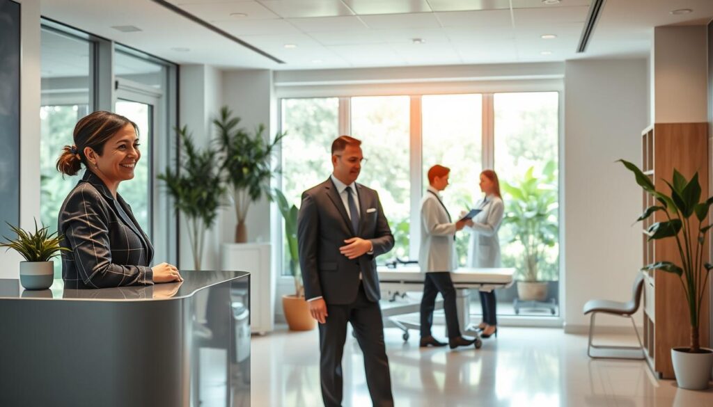 A modern private healthcare clinic interior, featuring bright, clean lines and a welcoming atmosphere. In the foreground, a friendly receptionist in professional business attire greets a well-dressed expatriate couple consulting about healthcare options. The middle layer showcases a patient consultation room with medical equipment, an inviting examination table, and a healthcare professional reviewing charts with a patient. In the background, large windows allow natural light to brighten the space, with greenery visible outside, emphasizing a serene environment. The lighting is warm and soft, creating a comforting mood that highlights the importance of personalized healthcare. The image conveys sophistication and tranquility, encapsulating the ethos of private healthcare in Italy.