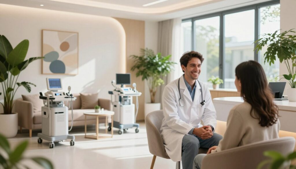 A modern private healthcare facility in Italy, featuring a sleek and welcoming reception area with elegant furnishings and lush green plants. In the foreground, a professional healthcare provider in a crisp white lab coat, smiling and engaging with a patient seated in a comfortable chair. The middle section highlights well-lit consultation rooms with advanced medical equipment, art on the walls, and reassuring colors. In the background, large windows reveal a bright, sunny day outside, contributing to a warm atmosphere. The image should be captured with a soft focus lens effect to evoke comfort and professionalism, illuminated by natural light streaming in from the windows, creating an inviting and serene mood.