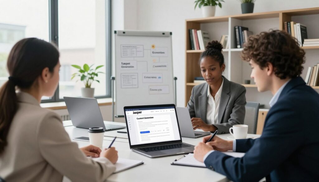 A modern, sleek workspace featuring a laptop displaying an engaging content generation interface. In the foreground, a diverse group of three professionals—two women and one man—dressed in smart business attire, are collaborating over ideas. They are framed by a stylish, minimalist office interior with large windows allowing natural light to illuminate the space. In the middle ground, a whiteboard showcases brainstorming concepts and keywords, emphasizing creativity. The background features bookshelves filled with marketing books and a potted plant, adding a touch of vibrancy. The scene conveys a productive and innovative atmosphere, reflecting the brand-safe, enterprise-ready qualities of Jasper content generation. The angle is slightly elevated, providing a comprehensive view of the teamwork and technology at play. A modern, sleek workspace featuring a laptop displaying an engaging content generation interface. In the foreground, a diverse group of three professionals—two women and one man—dressed in smart business attire, are collaborating over ideas. They are framed by a stylish, minimalist office interior with large windows allowing natural light to illuminate the space. In the middle ground, a whiteboard showcases brainstorming concepts and keywords, emphasizing creativity. The background features bookshelves filled with marketing books and a potted plant, adding a touch of vibrancy. The scene conveys a productive and innovative atmosphere, reflecting the brand-safe, enterprise-ready qualities of Jasper content generation. The angle is slightly elevated, providing a comprehensive view of the teamwork and technology at play.