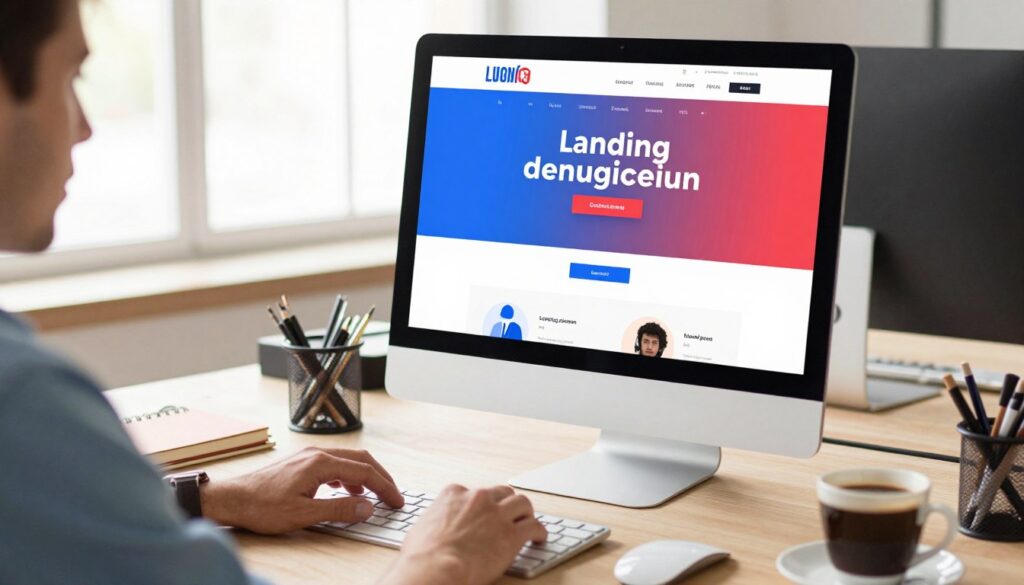 A modern, sleek workspace showcasing a professional landing page design on a computer screen, with a person in business casual attire engaged in creating and testing this page. In the foreground, the focus is on the vivid colors and layout of the landing page displayed on the monitor, featuring eye-catching call-to-action buttons and conversion-focused elements. The middle ground includes a stylish desk with marketing tools like a notebook, a cup of coffee, and accessories scattered around, hinting at the process of optimization. In the background, a bright window allows natural light to flood the room, creating a warm and inviting atmosphere that conveys productivity and innovation. The overall mood is energetic and focused, ideal for illustrating effective site-building strategies.