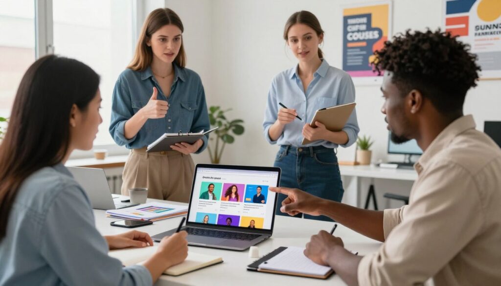 A modern, stylish workspace featuring a diverse group of three professionals engaged in a dynamic discussion about promoting online courses. In the foreground, one individual, a woman of Asian descent, is pointing at a laptop screen displaying a colorful course webpage, while another, a Black man, takes notes on a tablet. The third person, a Caucasian woman, stands nearby with a notepad, giving a thumbs-up, dressed in smart casual attire. In the middle ground, a well-organized desk has marketing materials and digital devices surrounding them. The background displays a bright, well-lit room with motivational posters on the walls about online education, creating an inspiring atmosphere. The lighting is soft yet vibrant, enhancing the collaborative spirit while emphasizing a sense of professionalism and creativity in promoting courses effectively.
