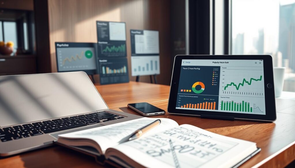 A modern, stylish workspace featuring an array of detailed charts and graphs displayed on sleek digital devices, showcasing free plans and paid tiers of various productivity tools. In the foreground, a laptop and a tablet reflect soft, natural lighting, while a smartphone sits beside them, all arranged on a polished wooden desk. In the middle ground, an open notebook with handwritten notes can be seen, adding a personal touch. The background includes a bright, airy window with a city skyline view, suggesting a professional environment. The overall mood should convey productivity, clarity, and organization, emphasizing a sense of smart decision-making and planning. The angle should be slightly elevated, capturing the workspace layout effectively. A modern, stylish workspace featuring an array of detailed charts and graphs displayed on sleek digital devices, showcasing free plans and paid tiers of various productivity tools. In the foreground, a laptop and a tablet reflect soft, natural lighting, while a smartphone sits beside them, all arranged on a polished wooden desk. In the middle ground, an open notebook with handwritten notes can be seen, adding a personal touch. The background includes a bright, airy window with a city skyline view, suggesting a professional environment. The overall mood should convey productivity, clarity, and organization, emphasizing a sense of smart decision-making and planning. The angle should be slightly elevated, capturing the workspace layout effectively.