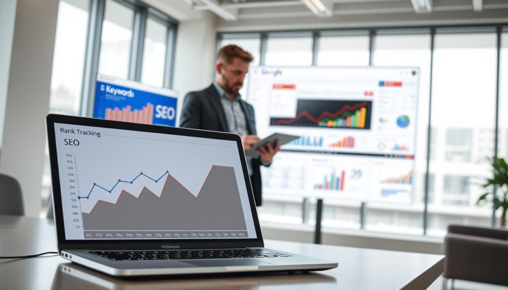 A modern, visually appealing digital workspace depicting the concept of rank tracking for SEO. In the foreground, a sleek laptop is open with graphs and analytics displayed on the screen, showcasing upward trends in rankings. Next to the laptop, a smartly dressed professional is using a tablet, analyzing keyword performance. In the middle ground, a large wall-mounted monitor showcases a dynamic dashboard with colorful charts and real-time data updates. The background features a contemporary office setting with large windows letting in daylight, creating a productive and optimistic atmosphere. Soft, ambient lighting enhances the clarity of the screens, while a minimalist design evokes a sense of organization and focus on digital strategy.