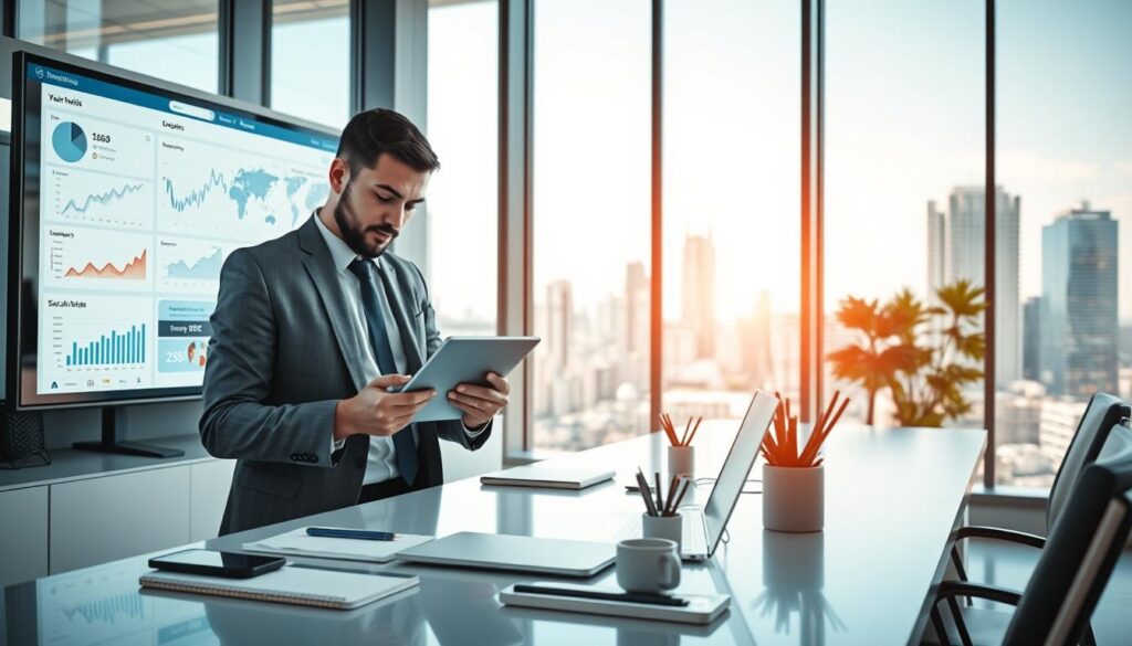 A modern, visually striking social media platform workspace, featuring a sleek digital interface displaying various social media metrics and analytics on large monitors. In the foreground, a professional individual in business attire is engaged with a tablet, analyzing data. The middle ground showcases a well-organized desk with stylish stationery and devices, emphasizing a tech-savvy atmosphere. In the background, large windows reveal a bright cityscape, suggesting connectivity and innovation. Soft, natural lighting floods the room, creating an uplifting mood. The composition should feel dynamic and energizing, hinting at the efficiency and automation of social media workflows. Use a wide-angle lens for an immersive perspective. A modern, visually striking social media platform workspace, featuring a sleek digital interface displaying various social media metrics and analytics on large monitors. In the foreground, a professional individual in business attire is engaged with a tablet, analyzing data. The middle ground showcases a well-organized desk with stylish stationery and devices, emphasizing a tech-savvy atmosphere. In the background, large windows reveal a bright cityscape, suggesting connectivity and innovation. Soft, natural lighting floods the room, creating an uplifting mood. The composition should feel dynamic and energizing, hinting at the efficiency and automation of social media workflows. Use a wide-angle lens for an immersive perspective.