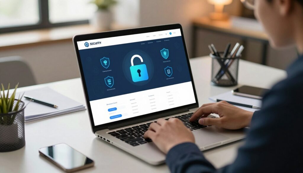 A modern web application interface displayed on a sleek laptop screen, showcasing vibrant security features like a locked padlock symbol and shield icons. In the foreground, a focused professional in business attire is intently examining the application, their hands poised over the keyboard. The middle ground features the laptop on a stylish desk cluttered with tech gadgets and notes related to web security. The background hints at a cozy, ambient office space with soft, warm lighting from a nearby window, creating a sense of focus and productivity. The overall atmosphere should convey a sense of security and professionalism, emphasizing the importance of deploying web application firewalls and SSL/HTTPS for digital protection.