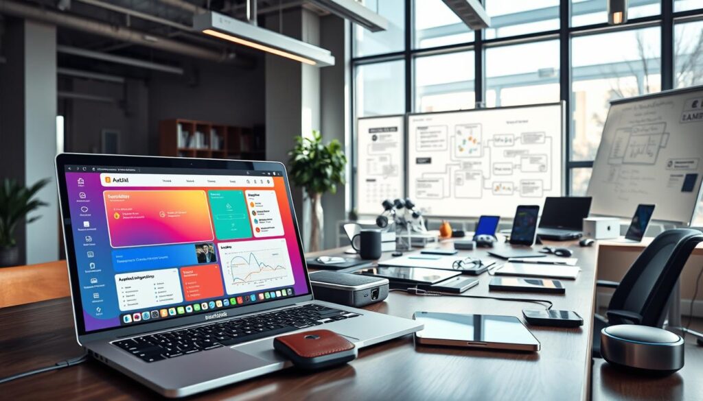 A modern workspace depicting various automation tools for small businesses. In the foreground, a sleek laptop displays a colorful dashboard with automation workflows, while a smartphone shows notifications from different apps. In the middle ground, an organized desk cluttered with tech gadgets like smart speakers, and digital tablets. On a nearby wall, a whiteboard covered with flowcharts and graphs, illustrating seamless integration processes. The background features large windows with natural light flooding the space, adding a bright and collaborative atmosphere. The entire scene is well-lit, with a focus on technology and productivity, conveying an atmosphere of efficiency and innovation. The mood is professional and inspiring, perfect for showcasing digital solutions in a business context.
