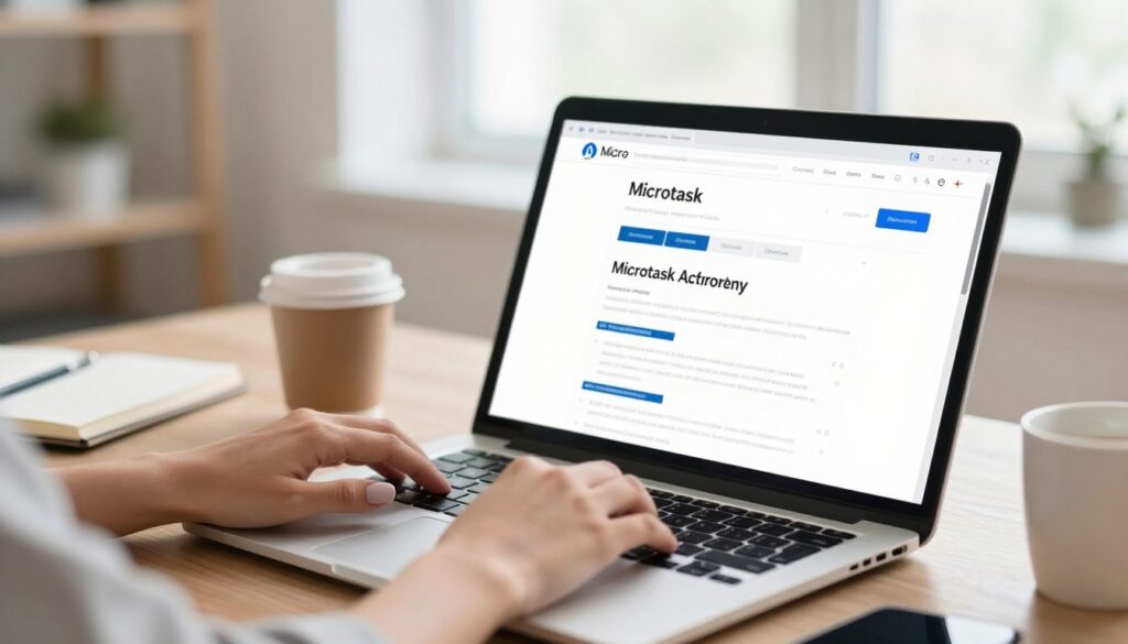 A modern workspace featuring a laptop displaying various microtask websites on the screen. In the foreground, a person's hands are typing on the keyboard, showcasing engagement in digital tasks, with well-manicured nails reflecting professionalism. The middle ground includes elements like a coffee cup and notepad, hinting at productivity and organization. In the background, a bright, airy room filled with soft natural light coming through a window, accentuating a sense of focus and clarity. Use a shallow depth of field to emphasize the foreground action, while softly blurring the background for a cozy atmosphere. The overall mood should convey motivation and efficiency, ideal for individuals starting their journey into microtasking.