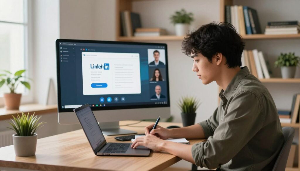 A modern workspace featuring a professional freelancer actively networking online. In the foreground, a young adult, dressed in smart casual attire, is seated at a stylish desk, using a laptop and taking notes on a notepad. The middle layer shows a blurred image of a digital screen displaying virtual meetings and emails, with icons representing various platforms like LinkedIn and Zoom. In the background, a well-organized bookshelf filled with business books and plants adds a touch of life to the scene. Soft, warm lighting comes from a nearby window, creating a welcoming atmosphere. The scene conveys a sense of motivation and professionalism, perfect for illustrating the concept of finding clients in the freelance world. A modern workspace featuring a professional freelancer actively networking online. In the foreground, a young adult, dressed in smart casual attire, is seated at a stylish desk, using a laptop and taking notes on a notepad. The middle layer shows a blurred image of a digital screen displaying virtual meetings and emails, with icons representing various platforms like LinkedIn and Zoom. In the background, a well-organized bookshelf filled with business books and plants adds a touch of life to the scene. Soft, warm lighting comes from a nearby window, creating a welcoming atmosphere. The scene conveys a sense of motivation and professionalism, perfect for illustrating the concept of finding clients in the freelance world.