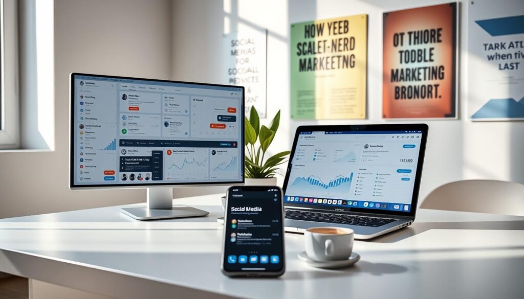 A modern workspace featuring a sleek desk with a laptop screen displaying various social media management tools and analytics dashboards. In the foreground, a smartphone shows notifications from social media apps. The middle ground includes a potted plant and a coffee cup, adding a touch of coziness. In the background, a wall with motivational posters about digital marketing and productivity. Soft, natural lighting filters in through a window, casting gentle shadows. The scene conveys a professional and creative atmosphere, ideal for freelancers. The angle is slightly elevated, giving a comprehensive view of the workspace without any people present, ensuring a clean, distraction-free look.