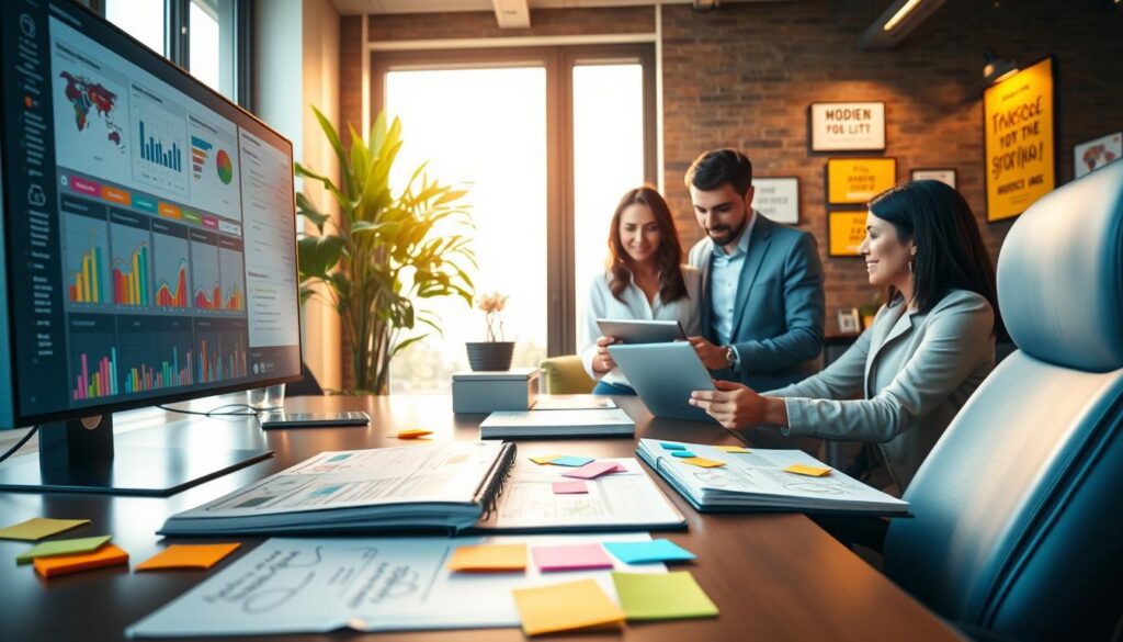 A modern workspace featuring a sleek desk with a large monitor displaying colorful charts and graphs related to project planning and management. In the foreground, a planner with handwritten notes and colorful sticky notes scattered around to show brainstorming ideas. The middle of the image includes a group of diverse professionals, including a woman in a smart blouse and a man in a tailored suit, engaged in discussion over a digital tablet. Soft warm lighting creates an inviting atmosphere, while a large window in the background lets in natural light, illuminating green plants and motivational posters on the walls. The overall mood conveys productivity, collaboration, and efficiency in the context of planning and management tools for content creators.