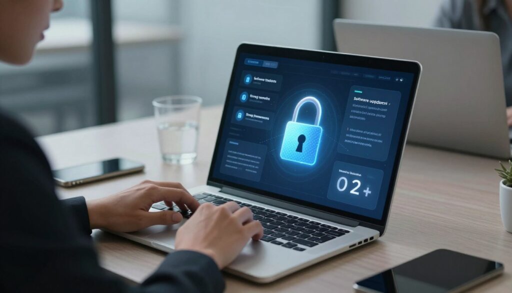 A modern workspace featuring a sleek laptop with a padlock overlay on the screen, symbolizing device protection. In the foreground, a person in professional business attire is focused on updating security settings. The middle ground showcases a digital interface displaying notifications about software updates, strong passwords, and 2FA options, with a visual emphasis on security icons. In the background, soft lighting creates a calm atmosphere, while the blurred outlines of office elements suggest productivity. The image should convey a sense of awareness and proactive measures in digital security, utilizing a cool color palette to enhance the tech-savvy mood, shot from a slightly elevated angle to capture both the person and the laptop screen clearly.