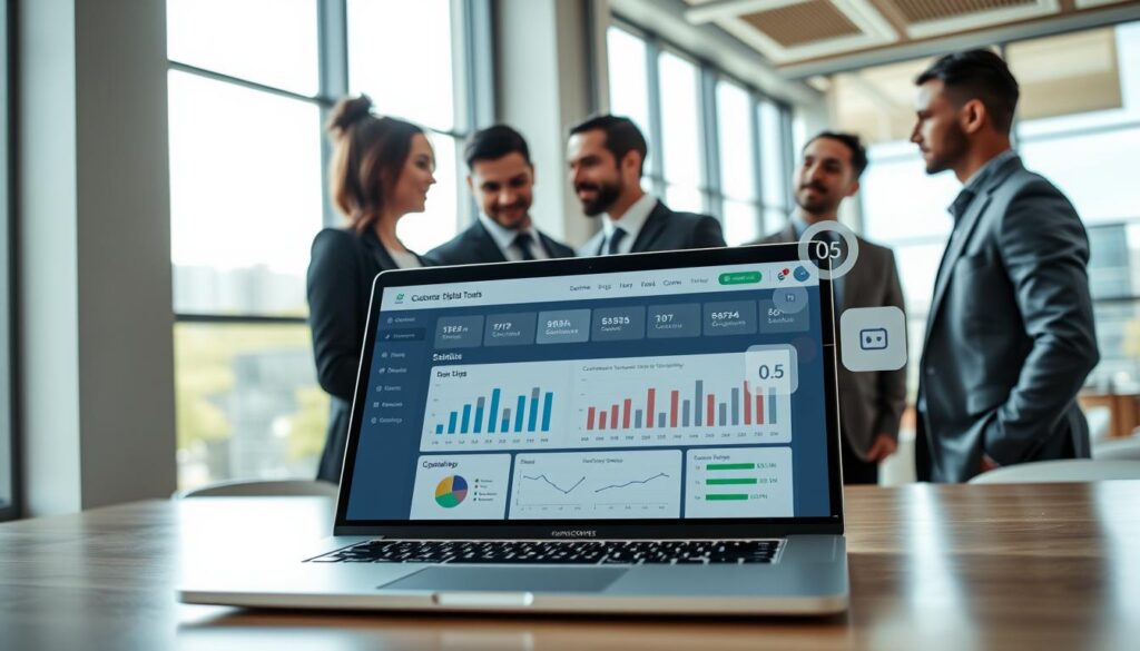 A modern workspace featuring a sleek laptop with an open screen displaying a customizable digital tool interface. In the foreground, a diverse group of professionals (one woman and two men of different ethnicities) dressed in smart business attire, intently discussing their options. The middle ground showcases an interactive dashboard with graphs and charts representing scalability, surrounded by floating icons symbolizing customization features like sliders and toggle buttons. In the background, large windows allow natural light to flood the room, enhancing a bright, innovative atmosphere. Use a wide-angle lens to capture the entire scene, with a soft focus on the details of the digital tools, creating a dynamic and forward-thinking vibe.