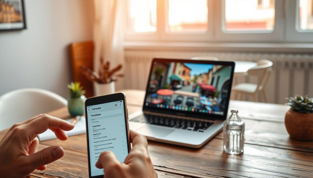 A modern workspace featuring a smartphone displaying the Google Translate app, surrounded by everyday objects symbolizing daily life in Italy. In the foreground, a hand gently interacts with the phone's screen, translating a menu displayed beside it with Italian words. In the middle ground, an open laptop sits on a rustic wooden table, showcasing a vibrant Italian cityscape wallpaper. In the background, soft natural light filters through a window, creating a warm, inviting atmosphere that highlights a colorful Italian café setting with outdoor tables. The overall mood conveys ease and accessibility in navigating daily tasks without speaking Italian, emphasizing the blend of technology and travel.
