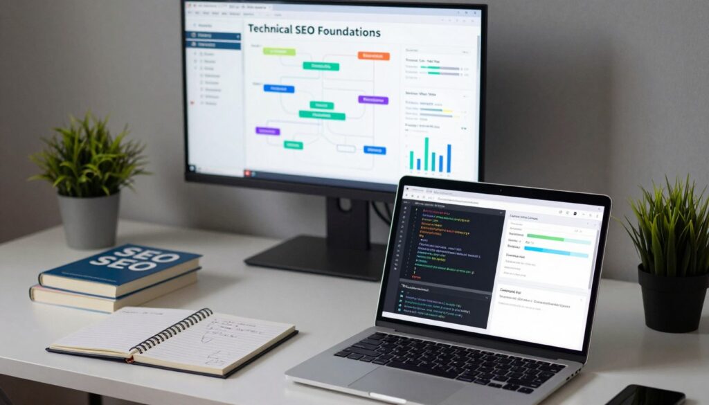 A modern workspace illustrating "Technical SEO Foundations" with a focus on Robots.txt, Sitemaps, and Core Web Vitals. In the foreground, a sleek laptop displays code snippets and analytics dashboards related to technical SEO. The middle layer features a well-organized desk with SEO-related books, a notepad with handwritten notes, and a potted plant for a touch of greenery. In the background, a large wall screen shows a detailed sitemap flowchart and graphs representing Core Web Vitals. Soft, ambient lighting creates a focused yet inviting atmosphere, and the camera angle is slightly above the workspace, capturing all elements harmoniously. The scene has a professional, tech-savvy mood, perfect for showcasing the foundations of technical web optimization.