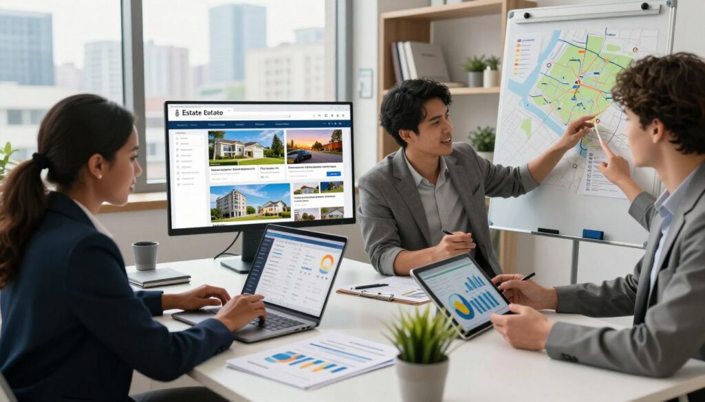 A modern workspace illustrating online real estate investing, featuring a diverse group of three professionals: a Black woman in business attire analyzing property listings on a laptop, a Hispanic man reviewing financial graphs on a tablet, and a Caucasian woman examining a real estate map on a whiteboard. The foreground shows a sleek desk with financial documents and a potted plant. In the middle, a large screen displays an interactive real estate platform with vibrant property images. The background features a sunlit office with large windows showcasing a city skyline. Soft, ambient lighting creates an inviting atmosphere, emphasizing collaboration and innovation in the digital investing space. The angle is slightly tilted from above, focusing on the interaction among the professionals. A modern workspace illustrating online real estate investing, featuring a diverse group of three professionals: a Black woman in business attire analyzing property listings on a laptop, a Hispanic man reviewing financial graphs on a tablet, and a Caucasian woman examining a real estate map on a whiteboard. The foreground shows a sleek desk with financial documents and a potted plant. In the middle, a large screen displays an interactive real estate platform with vibrant property images. The background features a sunlit office with large windows showcasing a city skyline. Soft, ambient lighting creates an inviting atmosphere, emphasizing collaboration and innovation in the digital investing space. The angle is slightly tilted from above, focusing on the interaction among the professionals.