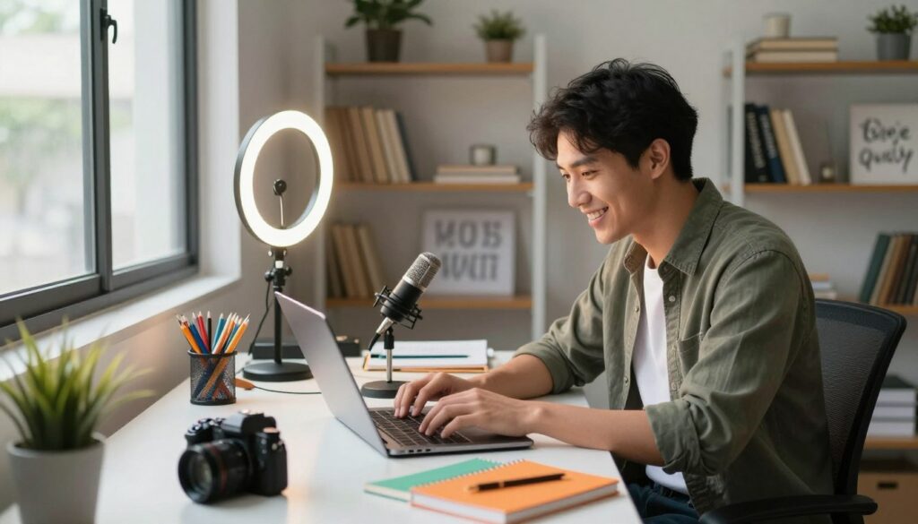 A modern workspace scene focusing on content creation, showcasing a talented individual seated at a stylish desk, surrounded by a laptop, camera, and colorful notebooks. The foreground features the individual, a young adult in smart casual attire, intently typing on the laptop, with an engaging smile as they plan their next blog or vlog. In the middle layer, the desk is cluttered with creative tools like a microphone and a small ring light, illuminating the scene with a warm glow. In the background, shelves filled with books and inspirational quotes create a cozy, inviting atmosphere. The overall mood is productive and inspiring, with natural light streaming through a large window, giving a sense of creativity and motivation. A modern workspace scene focusing on content creation, showcasing a talented individual seated at a stylish desk, surrounded by a laptop, camera, and colorful notebooks. The foreground features the individual, a young adult in smart casual attire, intently typing on the laptop, with an engaging smile as they plan their next blog or vlog. In the middle layer, the desk is cluttered with creative tools like a microphone and a small ring light, illuminating the scene with a warm glow. In the background, shelves filled with books and inspirational quotes create a cozy, inviting atmosphere. The overall mood is productive and inspiring, with natural light streaming through a large window, giving a sense of creativity and motivation.