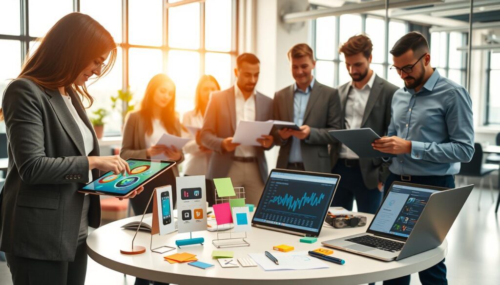 A modern workspace scene showcasing a diverse group of professionals engaged in selecting productivity tools. In the foreground, a well-dressed woman points toward a digital tablet displaying a vibrant app interface, while a man beside her reviews notes on a laptop. In the middle ground, a circular table is surrounded by various productivity tools—standing banners showcasing online applications, colorful sticky notes, and a laptop with data analytics displayed. The background features a bright, airy office with large windows, casting warm, natural light across the room. The atmosphere is focused and collaborative, emphasizing innovation and decision-making in productivity. Shot at eye level, capturing a sense of clarity and purpose in a contemporary business setting.