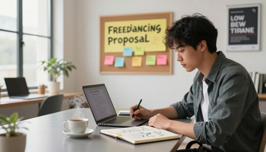 A modern workspace symbolizes the essence of crafting compelling freelancing proposals. In the foreground, a professional individual, dressed in smart casual attire, sits at a sleek desk, focused on their laptop, taking notes. On the desk, an open notebook filled with sketches and bullet points of proposal tips lies beside a steaming cup of coffee. In the middle ground, a well-organized bulletin board displays colorful sticky notes highlighting key proposal strategies. The background features a bright, airy room with large windows letting in natural light, plants, and motivational posters on the walls. The scene conveys a productive, inspiring atmosphere, illuminated with soft, warm lighting that enhances a sense of creativity and focus. A modern workspace symbolizes the essence of crafting compelling freelancing proposals. In the foreground, a professional individual, dressed in smart casual attire, sits at a sleek desk, focused on their laptop, taking notes. On the desk, an open notebook filled with sketches and bullet points of proposal tips lies beside a steaming cup of coffee. In the middle ground, a well-organized bulletin board displays colorful sticky notes highlighting key proposal strategies. The background features a bright, airy room with large windows letting in natural light, plants, and motivational posters on the walls. The scene conveys a productive, inspiring atmosphere, illuminated with soft, warm lighting that enhances a sense of creativity and focus.