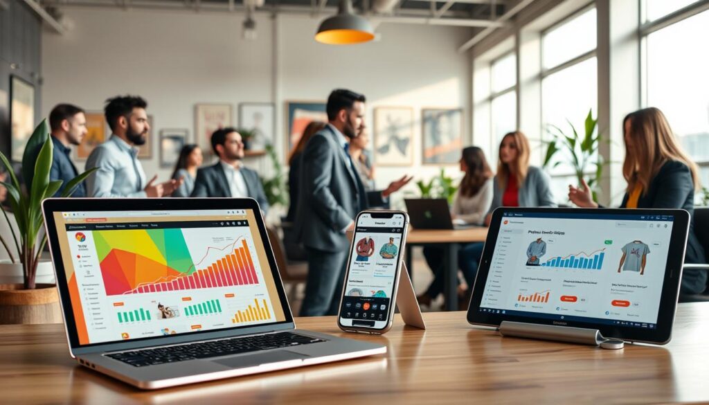 A modern workspace that illustrates affiliate marketing and print-on-demand. In the foreground, a sleek laptop is open, displaying a colorful online marketplace interface, with charts and analytics showing growth. Beside it, a smartphone shows a print-on-demand app featuring custom designs. The middle ground has a diverse group of professionals in business attire engaged in discussion, sharing ideas, and brainstorming. They are surrounded by stylish office furniture, plants, and motivational posters on the walls. The background features large windows with soft daylight streaming in, creating a warm and inspiring atmosphere. The overall mood is energetic and collaborative, highlighting the potential for semi-passive income through innovative online strategies.