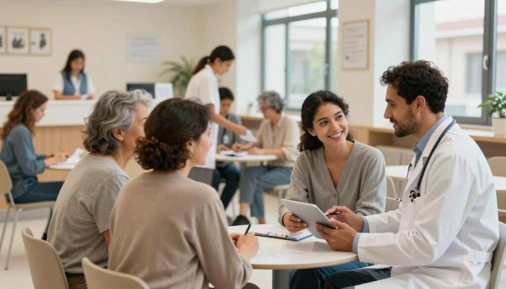 A panoramic view of a welcoming public healthcare clinic in Italy, showcasing diverse individuals interacting harmoniously. In the foreground, a friendly doctor in a white coat speaks with an expatriate couple, dressed in modest casual clothing, as they review healthcare options on a tablet. In the middle ground, various patients of different ethnicities are filling out forms and receiving assistance from staff, all portrayed in professional attire. The background features an inviting reception area with Italian architectural elements, soft lighting filtering through large windows, creating a warm and approachable atmosphere. The scene captures a sense of community and accessibility in public healthcare, reflecting the inclusivity available to all residents.