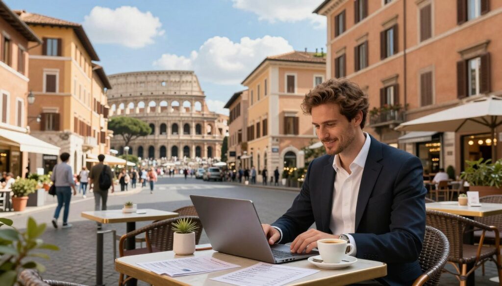 A picturesque view of Rome depicting the cost of living for expatriates. In the foreground, a well-dressed foreign professional sits at a stylish cafe table, engaged with a laptop and a coffee, surrounded by bills and a price list for local goods. The middle ground features charming Roman architecture, showcasing vibrant apartment buildings and boutiques, with locals interacting in the lively streets. In the background, iconic landmarks like the Colosseum and the Vatican are visible, under a bright blue sky with soft white clouds. The scene is bathed in warm afternoon light, evoking a sense of opportunity and vibrant city life. The composition should be bright, inviting, and optimistic, capturing the essence of living and working in Rome for foreigners. A picturesque view of Rome depicting the cost of living for expatriates. In the foreground, a well-dressed foreign professional sits at a stylish cafe table, engaged with a laptop and a coffee, surrounded by bills and a price list for local goods. The middle ground features charming Roman architecture, showcasing vibrant apartment buildings and boutiques, with locals interacting in the lively streets. In the background, iconic landmarks like the Colosseum and the Vatican are visible, under a bright blue sky with soft white clouds. The scene is bathed in warm afternoon light, evoking a sense of opportunity and vibrant city life. The composition should be bright, inviting, and optimistic, capturing the essence of living and working in Rome for foreigners.