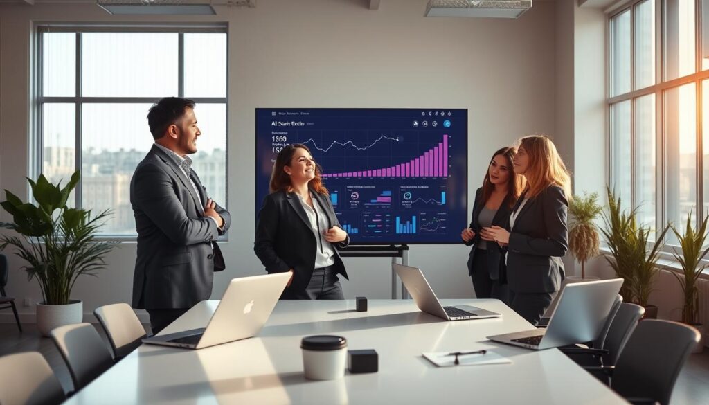 A professional and modern office setting illuminated by soft, natural light filtering through large windows. In the foreground, a diverse group of three professionals, one man and two women, are focused on a large digital screen displaying a dynamic AI search interface filled with various data sources and graphs. They are dressed in smart business attire, engaged in an animated discussion about optimizing search results. In the middle ground, there are sleek desks with laptops and notepads, emphasizing a productive work environment. In the background, subtle office decor and potted plants create a vibrant atmosphere. The overall mood is collaborative and innovative, highlighting the power of AI in enhancing productivity and research. A professional and modern office setting illuminated by soft, natural light filtering through large windows. In the foreground, a diverse group of three professionals, one man and two women, are focused on a large digital screen displaying a dynamic AI search interface filled with various data sources and graphs. They are dressed in smart business attire, engaged in an animated discussion about optimizing search results. In the middle ground, there are sleek desks with laptops and notepads, emphasizing a productive work environment. In the background, subtle office decor and potted plants create a vibrant atmosphere. The overall mood is collaborative and innovative, highlighting the power of AI in enhancing productivity and research.