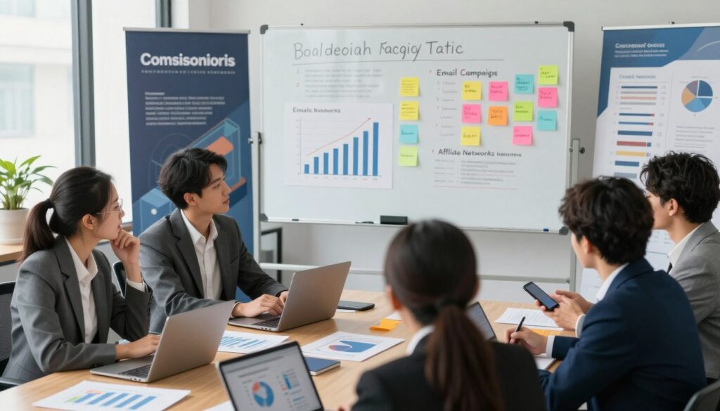 A professional and modern office setting in the foreground, featuring a group of diverse individuals in business attire engaged in a lively discussion, surrounded by graphs and charts illustrating commission growth strategies. The middle layer includes a large, whiteboard displaying key promotion tactics such as social media marketing, email campaigns, and affiliate networks, with colorful sticky notes highlighting effective strategies. In the background, various elements of modern technology like laptops, smartphones, and promotional banners are visible, suggesting a dynamic work environment. Soft, natural lighting floods the scene, creating an inviting atmosphere. The overall mood is focused and energetic, symbolizing collaboration and innovation in maximizing commissions. The angle captures the interaction from a slightly elevated viewpoint, emphasizing teamwork and engagement.