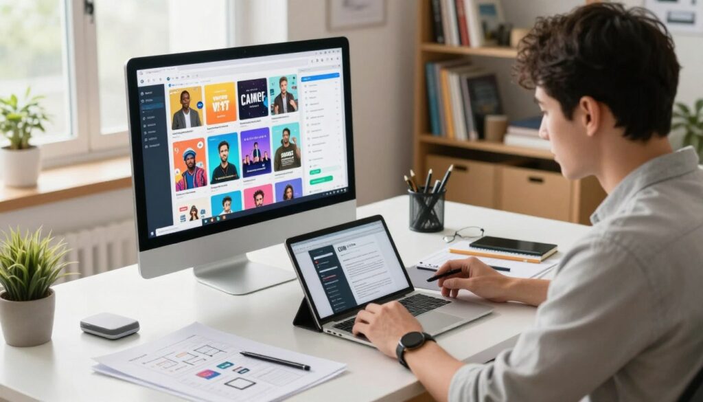 A professional course builder at a sleek modern desk, intently working on a laptop with various course outlines and notes spread around. The foreground shows the builder, a focused individual in smart casual attire, engaging with a digital tablet displaying interactive course content. In the middle ground, a large screen showcases colorful course thumbnails and a live chart of engagement metrics. The background features a well-organized workspace with bookshelves filled with educational materials and motivational posters. Soft, natural lighting filters through a window, creating a bright and inviting atmosphere that promotes creativity and productivity. The angle captures the builder's concentration, emphasizing the tools necessary for creating and selling online courses.