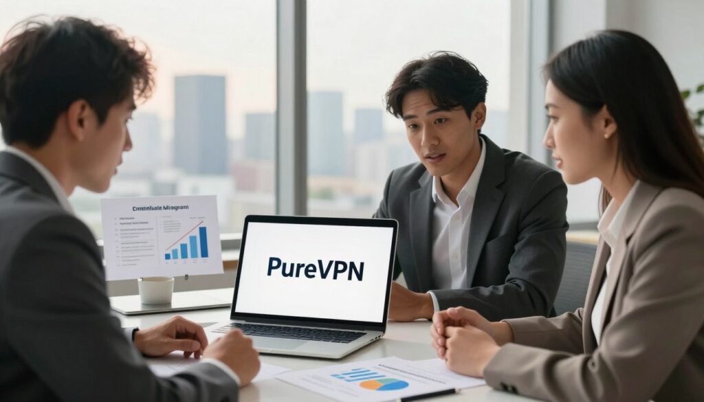 A professional-looking office setting featuring a modern laptop displaying the PureVPN logo on the screen, symbolizing the VPN affiliate program's digital nature. In the foreground, a diverse group of three individuals, dressed in smart business attire, engage in a discussion while examining the laptop. The male and female figures, representing different ethnicities, exhibit expressions of enthusiasm and collaboration. In the middle ground, a stylish desk with charts and graphs illustrating commission structures and growth potential. The background showcases a panoramic window with a skyline view, bathed in warm, soft, natural light, enhancing the optimistic atmosphere. The composition focuses on professionalism, success, and the potential of high commissions in the affiliate marketing space, without any text or distractions.