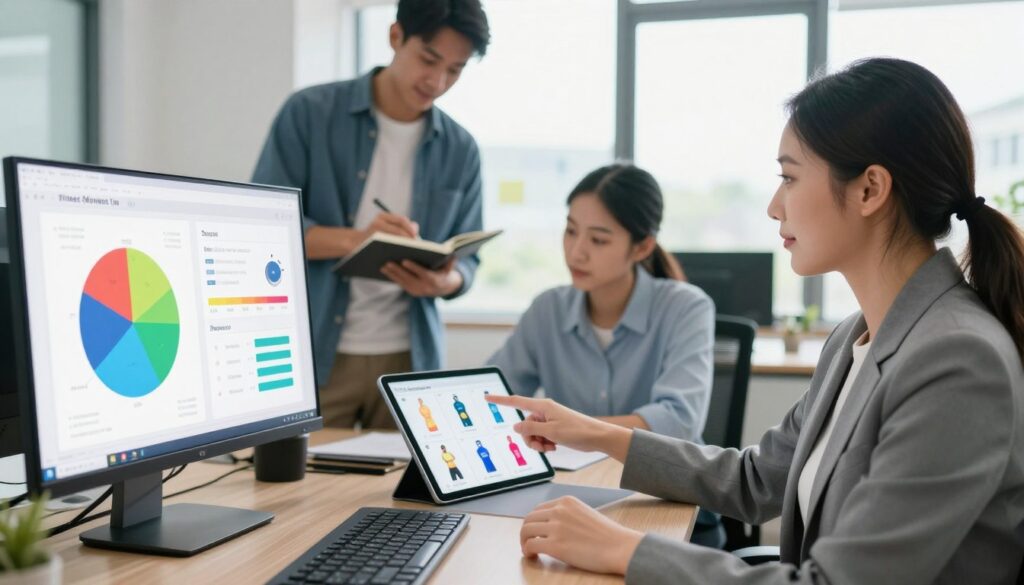 A professional, modern workspace depicting a diverse group of individuals collaborating. In the foreground, a confident woman in business attire points at a digital screen displaying colorful pie charts and graphs representing various audience segments in fitness marketing. In the middle ground, a man in a smart casual outfit takes notes, while a woman reviews a tablet showing fitness product images tailored to each segment. The background features a large window with natural light streaming in, providing an uplifting atmosphere. The scene contains neutral tones with pops of color from the digital displays, evoking a sense of teamwork and strategic planning. The composition captures the energetic essence of aligning products with specific audiences for optimal marketing impact.