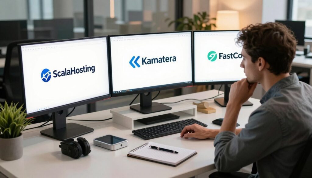 A professional office environment showcasing three computer monitors displaying the logos of ScalaHosting, Kamatera, and FastComet in an organized manner on a modern desk. In the foreground, a focused individual in smart casual attire analyzes website statistics on one monitor, with a thoughtful expression, while a notepad with pen rests nearby. The middle layer features a sleek, contemporary desk setup with tech gadgets and a small potted plant adding a touch of greenery. The background shows an inviting office space with soft, warm lighting filtering through a large window, giving a sense of productivity and innovation. The overall mood is professional and inspiring, highlighting the theme of web hosting solutions. A professional office environment showcasing three computer monitors displaying the logos of ScalaHosting, Kamatera, and FastComet in an organized manner on a modern desk. In the foreground, a focused individual in smart casual attire analyzes website statistics on one monitor, with a thoughtful expression, while a notepad with pen rests nearby. The middle layer features a sleek, contemporary desk setup with tech gadgets and a small potted plant adding a touch of greenery. The background shows an inviting office space with soft, warm lighting filtering through a large window, giving a sense of productivity and innovation. The overall mood is professional and inspiring, highlighting the theme of web hosting solutions.