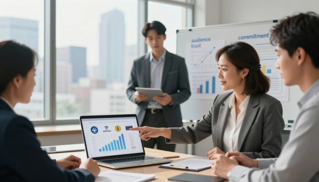 A professional office setting featuring a diverse group of people in business attire discussing financial affiliate programs. In the foreground, a confident, middle-aged woman points to a laptop screen showing graphs and logos of finance companies, representing loans, crypto, and credit cards. In the middle, a young man stands beside a whiteboard filled with charts and keywords like'audience','trust', and'commitment'. In the background, floor-to-ceiling windows provide a view of a bustling city skyline under bright daylight, enhancing the atmosphere of opportunity. Soft shadows create depth, and the scene conveys collaboration and strategic thinking, ideal for selecting fitting financial affiliate programs.