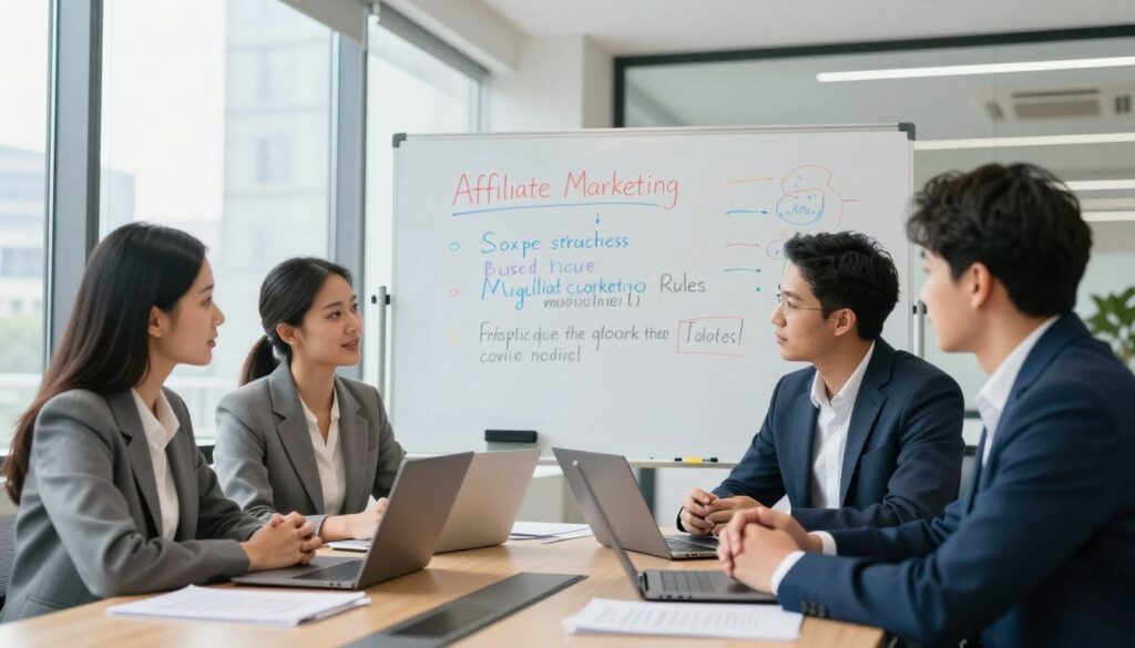 A professional office setting showcasing the theme of affiliate marketing compliance. In the foreground, a diverse group of three business professionals, one woman and two men, dressed in smart casual attire, are engaged in a discussion around a conference table. They have laptops and documents spread out, highlighting compliance guidelines and brand alignment strategies. In the middle ground, a large whiteboard features key points about disclosures and affiliate marketing rules, sketched in colorful markers. The background includes floor-to-ceiling windows allowing natural light to pour in, showcasing a cityscape outside. The atmosphere is collaborative and focused, emphasizing the importance of compliance for long-term success in high-ticket affiliate programs. The lighting is bright and inviting, capturing a productive workspace. A professional office setting showcasing the theme of affiliate marketing compliance. In the foreground, a diverse group of three business professionals, one woman and two men, dressed in smart casual attire, are engaged in a discussion around a conference table. They have laptops and documents spread out, highlighting compliance guidelines and brand alignment strategies. In the middle ground, a large whiteboard features key points about disclosures and affiliate marketing rules, sketched in colorful markers. The background includes floor-to-ceiling windows allowing natural light to pour in, showcasing a cityscape outside. The atmosphere is collaborative and focused, emphasizing the importance of compliance for long-term success in high-ticket affiliate programs. The lighting is bright and inviting, capturing a productive workspace.