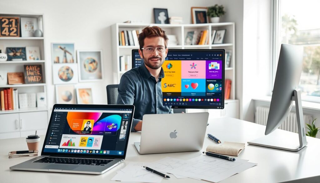 A professional person in a modern, well-lit workspace, sitting at a sleek desk equipped with a computer displaying various colorful design tool interfaces on the screen. The foreground features an open laptop with a digital design tool and sketches scattered around, showcasing a brainstorming process. In the middle ground, a large monitor displays a vibrant comparison of design tools, with icons and features highlighted. The background reveals bookshelves filled with design guides and inspirational art prints, creating a creative atmosphere. Soft natural light filters through a window, casting gentle shadows and enhancing the inviting mood of the scene. The image should evoke feelings of inspiration and clarity for beginners looking to choose the right design tool.