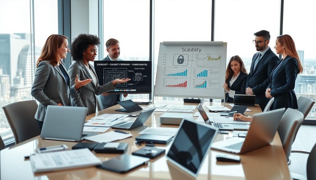 A professional team of diverse business figures in smart attire, gathered around a sleek conference table cluttered with digital devices and documents. In the foreground, a diverse woman gestures passionately while explaining a large security diagram displayed on a digital monitor. The middle showcases a whiteboard filled with charts tracking scalability metrics, while a well-organized array of laptops and tablets hint at various tools under evaluation. In the background, a window reveals a cityscape, symbolizing growth opportunities. Bright, natural lighting pours in, creating a collaborative atmosphere. The focus is sharp, with a slight depth of field that gently blurs the less prominent items. The image conveys a sense of professionalism, clarity, and strategic planning in the modern business landscape.