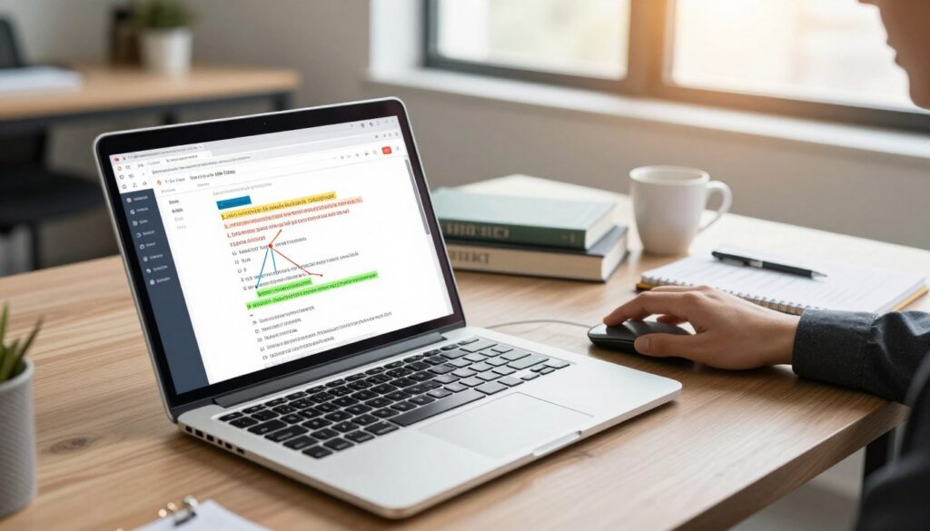 A professional workspace focused on optimizing web page URLs and internal links. In the foreground, a sleek, modern laptop displays a detailed webpage with highlighted URL structures and link paths, using vibrant colors to emphasize clarity. A pair of hands in business attire, gently manipulating the mouse, adds a human touch. In the middle ground, an organized desk with SEO books, a notepad filled with digital notes, and a coffee mug. The background features a softly lit office environment with a large window allowing natural light to cast a warm glow, creating an inviting atmosphere. The composition is shot from a slightly elevated angle to provide a clear overview, projecting a feeling of productivity and focus on digital marketing strategies.