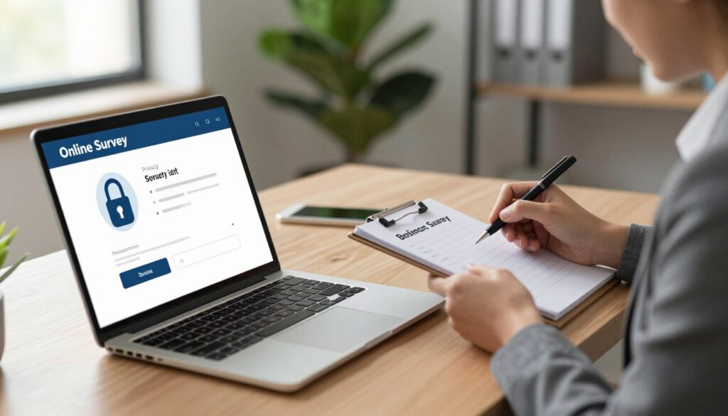 A professional workspace illustrating online survey safety and privacy considerations. In the foreground, a laptop with an open online survey displayed, showing visual cues like a secure lock symbol and privacy policy. Beside it, a well-dressed professional in business attire is attentively reviewing the survey on a notepad, embodying a sense of trust and diligence. In the middle, a soft-focus background features a serene office environment with green plants and soft lighting, creating a calming atmosphere. The lighting is warm, emphasizing safety and approachability, with light coming from a nearby window. The angle is slightly overhead, giving an overview of the secure setup. The overall mood conveys professionalism, reliability, and a focus on online security in survey participation.