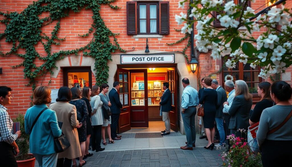A quaint Italian post office nestled in a charming village, featuring a classic red-brick exterior adorned with climbing vines. In the foreground, a diverse group of people in professional business attire is patiently waiting in line, engaged in discussions about their Permesso kits and essential services. The middle ground showcases the welcoming entrance with vintage wooden doors and a large window displaying essential postal items. In the background, the sun sets gently, casting warm golden light that creates a cozy atmosphere. The scene is framed with blossoming flowers and the sounds of the bustling village, encapsulating the essence of community and essential services. Capture this lively interaction with a wide-angle lens to emphasize depth and detail.