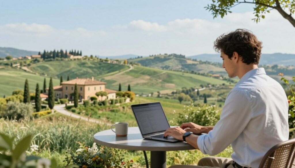 A serene Italian landscape showcasing the essence of remote work. In the foreground, a professional individual dressed in smart casual attire sits at a stylish outdoor workspace, typing on a laptop, with a view of rolling hills and cypress trees. In the middle ground, a rustic villa with terracotta rooftops can be seen, hinting at the charm of Italian architecture. The background features a bright blue sky framing the lush greenery typical of Italy. Soft, warm daylight illuminates the scene, creating an inviting atmosphere. The image should evoke a sense of freedom and opportunity, capturing the essence of the future of remote work in Italy, with a focus on tranquility and productivity.