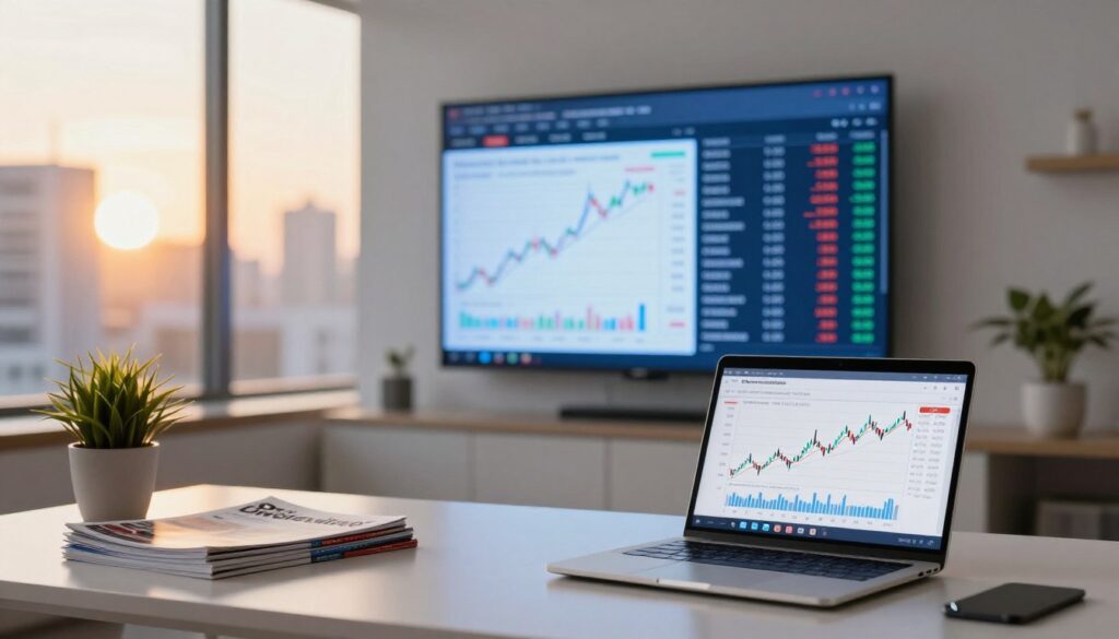 A serene and professional scene depicting dividend stocks, with a modern office desk in the foreground showcasing a sleek laptop displaying stock market graphs. To the left, a stack of financial magazines titled "Dividend Investing" and a decorative plant for a touch of nature. In the middle ground, a wall-mounted screen shows fluctuating stock prices of various dividend stocks and ETFs, illuminated with a soft blue light. The background features blurred city skyline windows reflecting the setting sun, casting a warm golden hue across the room. The mood is optimistic and financially empowering, emphasizing growth and stability in passive income investment. The setting is free of any human presence to maintain focus on the financial theme. A serene and professional scene depicting dividend stocks, with a modern office desk in the foreground showcasing a sleek laptop displaying stock market graphs. To the left, a stack of financial magazines titled "Dividend Investing" and a decorative plant for a touch of nature. In the middle ground, a wall-mounted screen shows fluctuating stock prices of various dividend stocks and ETFs, illuminated with a soft blue light. The background features blurred city skyline windows reflecting the setting sun, casting a warm golden hue across the room. The mood is optimistic and financially empowering, emphasizing growth and stability in passive income investment. The setting is free of any human presence to maintain focus on the financial theme.
